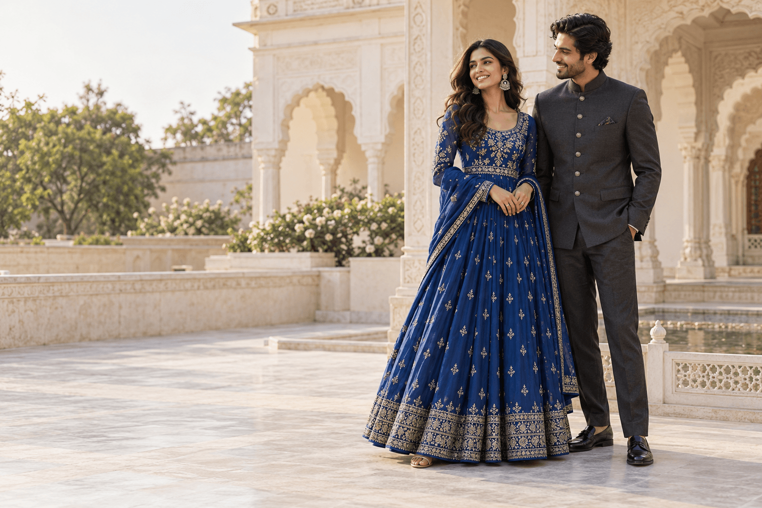 Couple dressed for an Indian wedding occasion