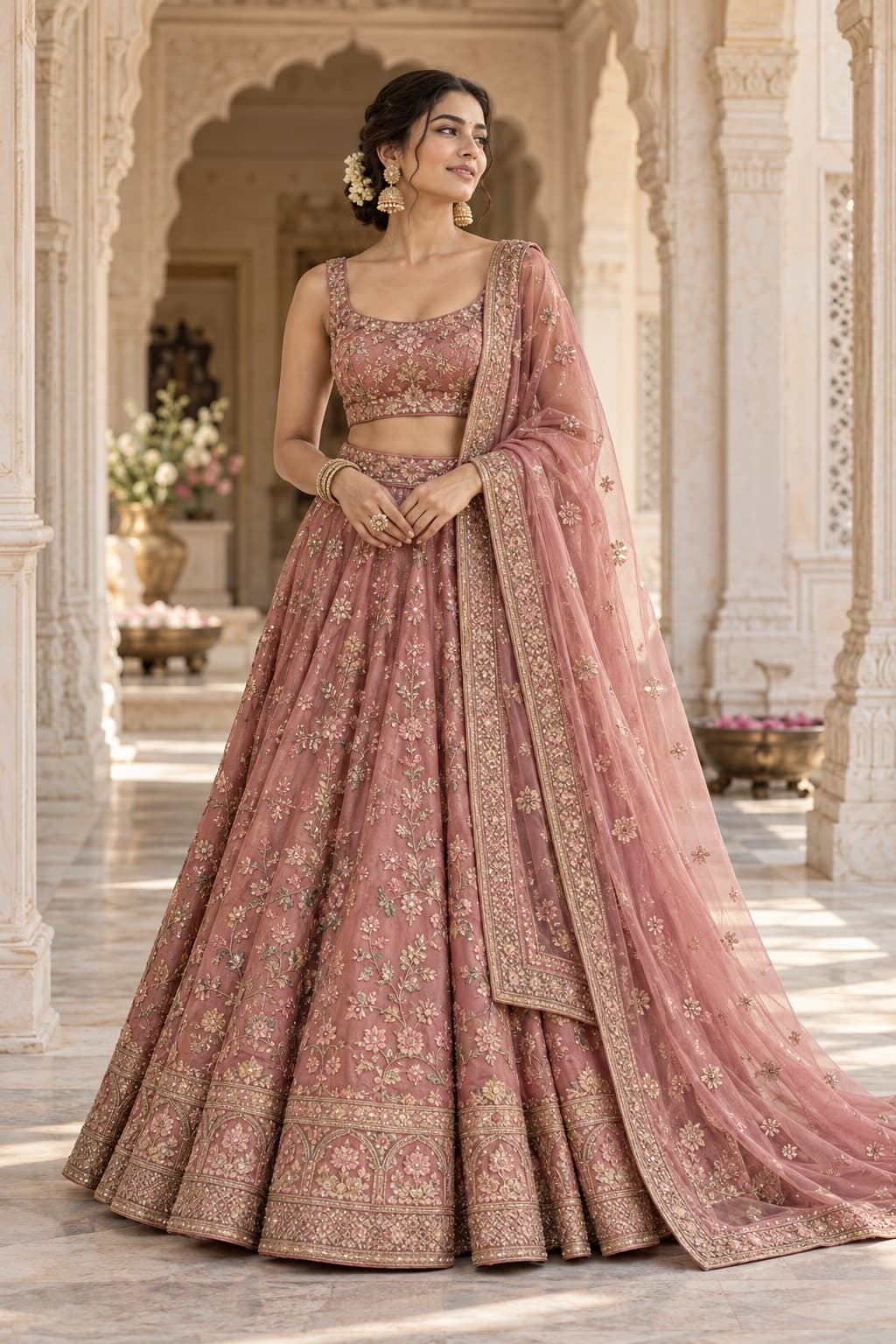 Editorial look in a rosewood embroidered lehenga