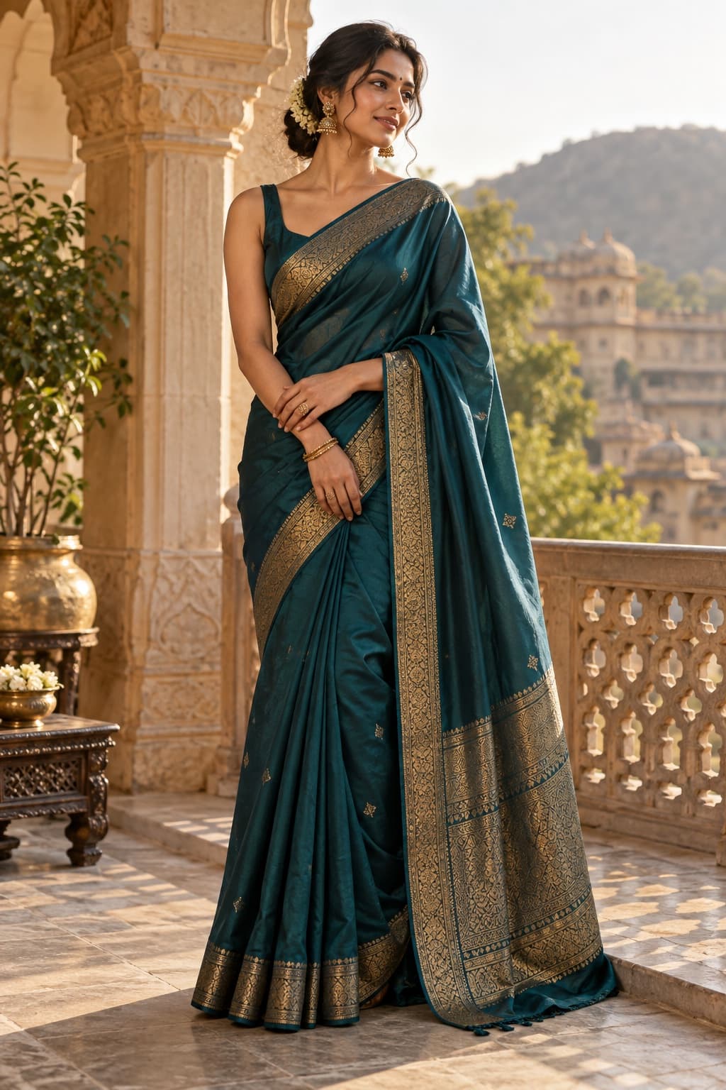 Editorial look in a deep teal silk saree