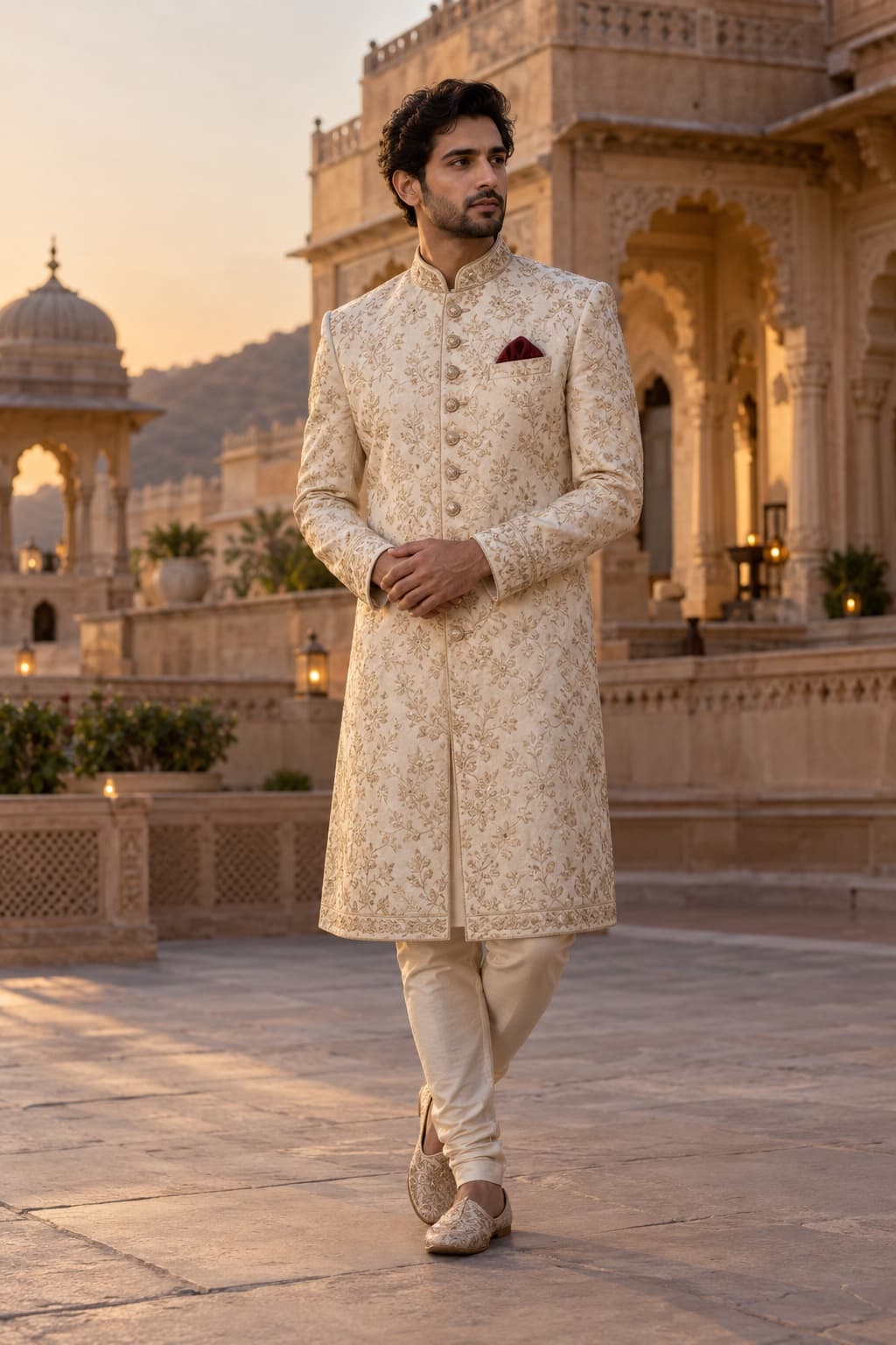 Editorial look in an ivory embroidered sherwani