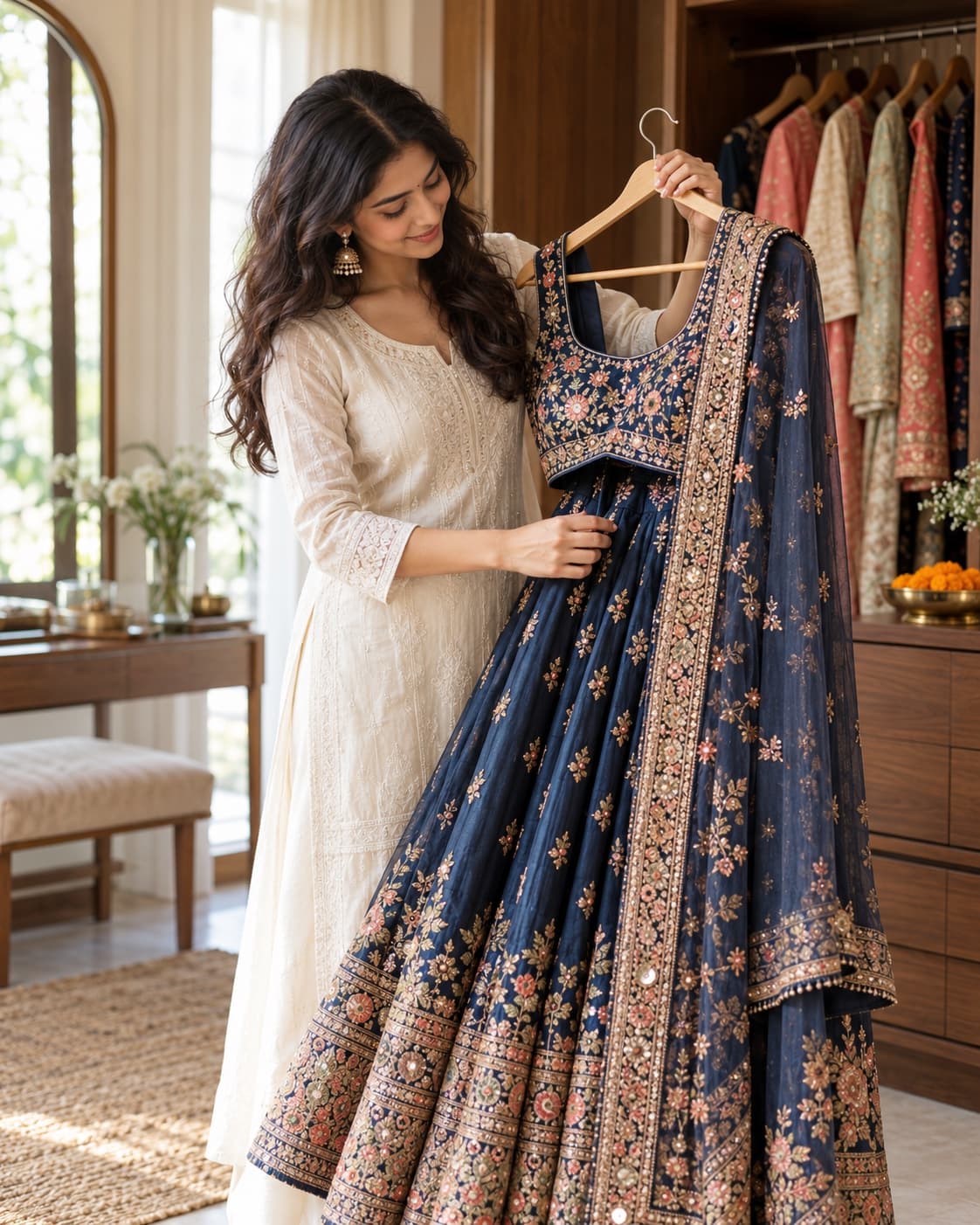 A host preparing an embroidered outfit to share