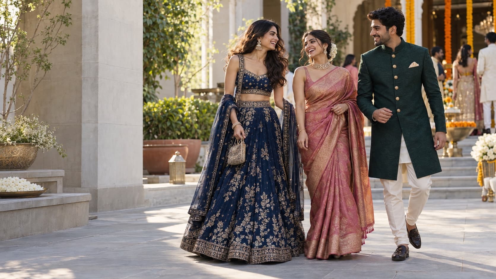Friends in Indian occasion wear at a wedding celebration